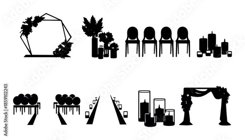 Wedding decor silhouettes: arches, aisles, chairs, candles, greenery, floral arrangements