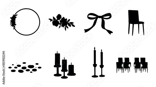 Silhouettes of wedding decorations: chair, florals, candles, and ribbon