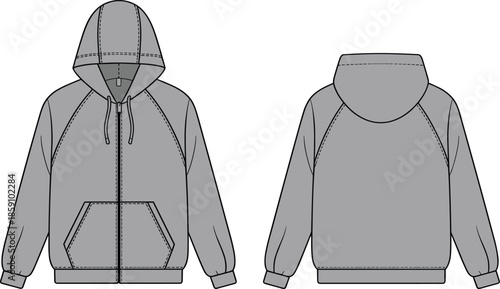 Zip hoodie technical sketch, front and back view, fashion flat drawing, garment template, sweatshirt illustration, apparel design, vector outline, raglan sleeve