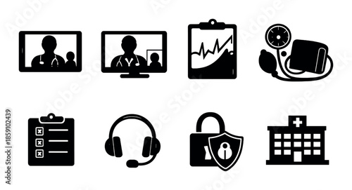 Healthcare icons: medical devices, security, communication, data analysis