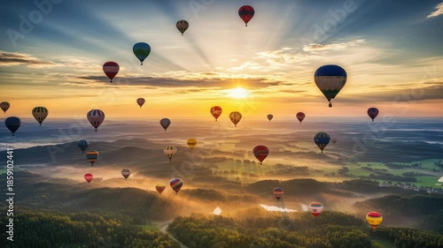Hot air balloons float over a serene landscape at dawn, creating a beautiful scene for travel