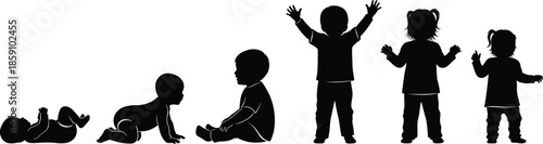 Child development silhouette vector illustration showing baby crawling, toddler standing, children growth stages, early childhood progression, educational artwork design collection