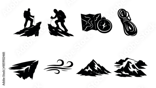 Silhouettes of hikers and mountain climbing gear on black background