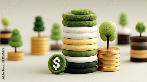 Stacked Coins with Trees and Dollar Sign in a Miniature Landscape money finance