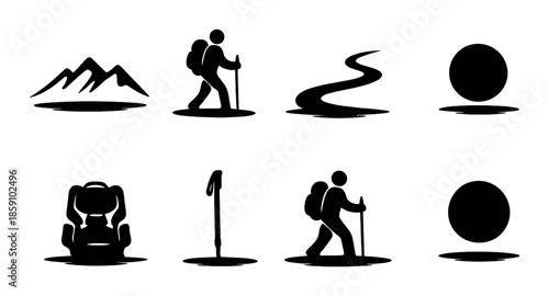 Hiking adventure icons: backpack, trail, mountain, sun, travel, nature symbols