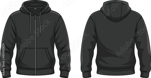 Zip-up hoodie flat sketch, front back view, fashion template, technical garment illustration, apparel design vector, casual wear drawing