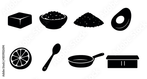 Silhouettes of cooking ingredients and utensils on dark background