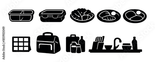 Black icons of food and kitchen items on gray background