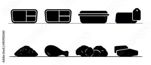 Silhouette of food items on shelves: containers, vegetables, chicken, cheese, meat