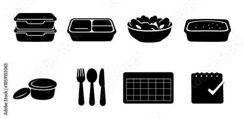 Silhouette of meal prep items and kitchen utensils on dark background