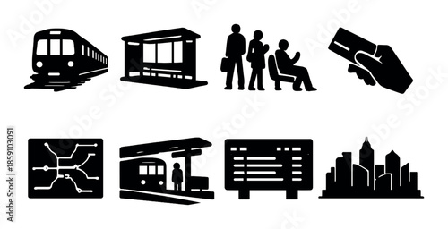 Public transportation icons: train, bus, passengers, ticket, map, schedule, skyline