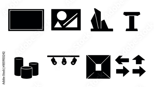 Minimalist kitchen appliances and furniture in stylish black and white