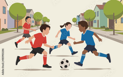 Kids playing soccer in neighborhood
