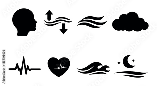 Set of weather and health icons: cloud, waves, heartbeat, moon