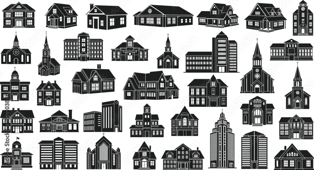 Obraz premium Collection of black silhouette building icons featuring diverse architectural styles including churches, schools, offices, and residential structures for design use.