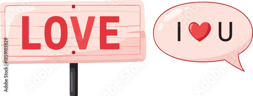 Love sign and "I love U" speech bubble, romantic message, heart symbol, love declaration, vector illustration for love theme