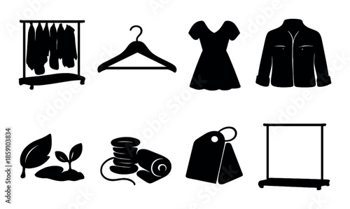 Silhouette icons of clothing and sewing essentials on dark background