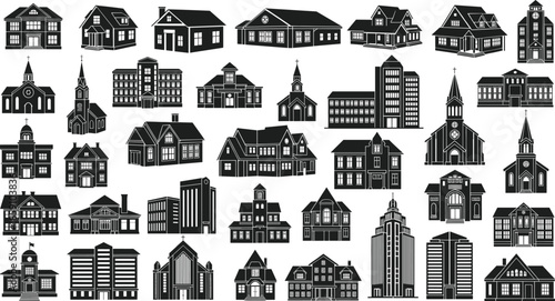 Collection of black silhouette building icons featuring diverse architectural styles including churches, schools, offices, and residential structures for design use.