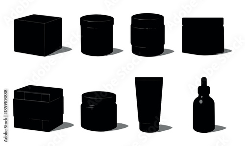 Various black cosmetic containers on illuminated shelf