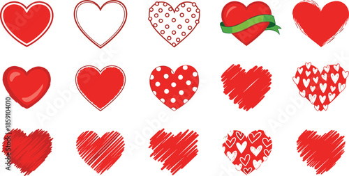 Set of different red hearts, varied designs, love symbols, romantic vector illustrations, Valentine's Day, affection icons, heart graphics