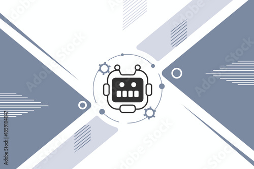Minimalist AI chatbot robot icon surrounded by gears and interconnected dots, set against a modern abstract geometric background in blue-gray and white. Represents technology, automation, and digital 