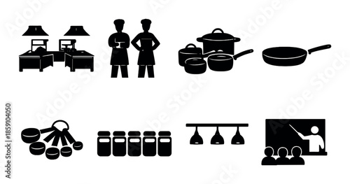 Silhouette icons: kitchen, bedroom, chefs, class presentation, lighting, jars, utensils