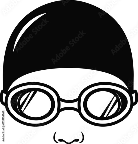 Swimmer headgear, swimming goggles and cap, athlete silhouette, swimming accessories, competitive sport, water sports, vector illustration