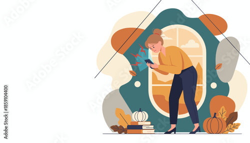 Woman stressed by bad phone signal or notification in autumn home setting