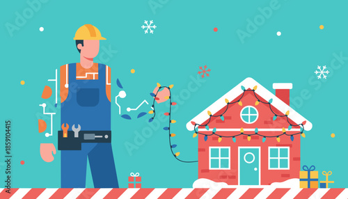 Technician hanging festive Christmas lights on a winter house symbolizing holiday service and electrical maintenance