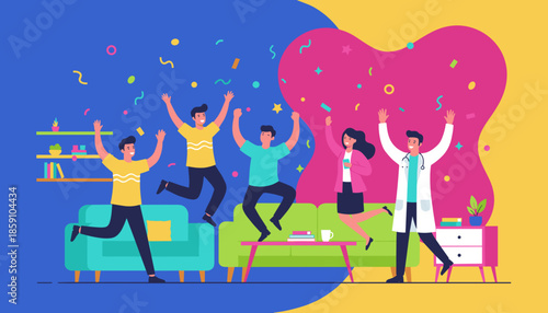 Energetic team celebrates professional success and achievement with colorful confetti and joy