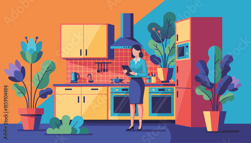 Woman uses a tablet in a vibrant modern flatdesign kitchen with plants symbolizing home efficiency and planning