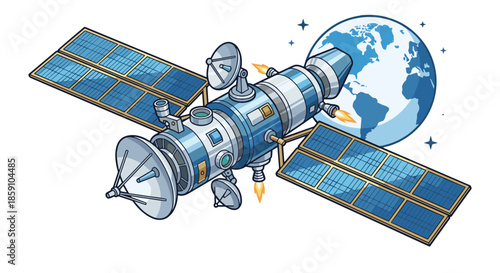 Advanced communication satellite with solar panels orbiting Earth, representing global technological connectivity and space exploration