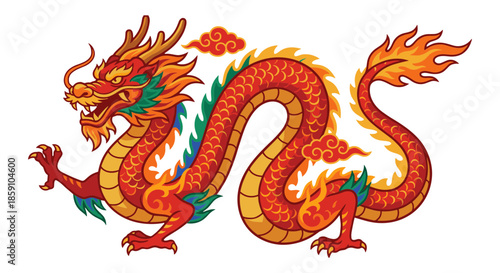 Vibrant illustration of a magnificent oriental dragon, a powerful cultural symbol with intricate scales, fiery details, and traditional clouds, embodying strength, wisdom, and good fortune
