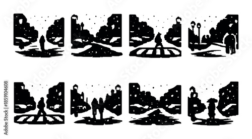 Silhouetted figures in urban night scene with rain and streetlights