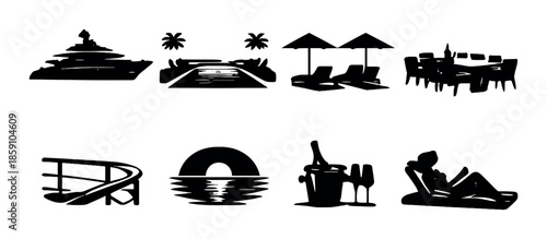 Luxurious vacation icons: yacht, beach, resort, dining, relaxation