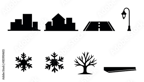 Silhouette icon set: buildings, road, lamp post, snowflakes, tree, bench