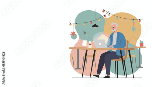 Senior man working remotely on a laptop in a cozy cafe setting with coffee
