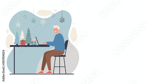 Happy man using laptop near holiday decorations possibly shopping online or remote working