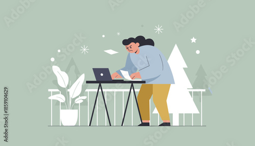 Frustrated employee working intensely outdoors with a laptop and scattered papers illustrating work stress and deadlines