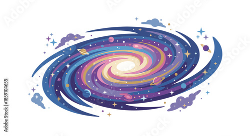 A stylized, colorful illustration of a spiral galaxy with swirling cosmic dust and distant stars against a dark background
