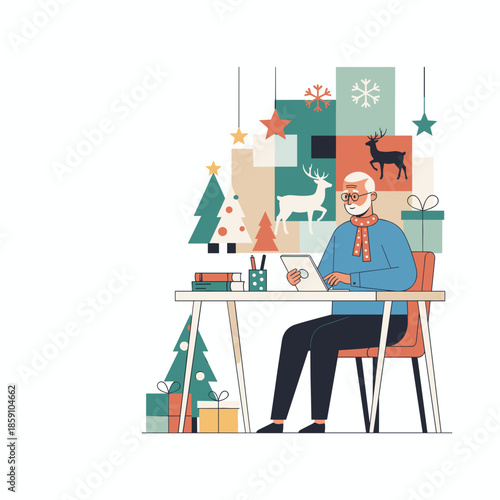 Senior man using a tablet for holiday planning or communication at a festive desk decorated with winter motifs