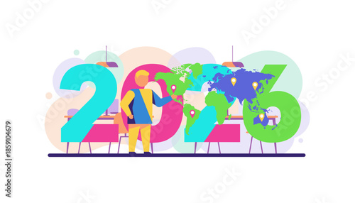 Global expansion concept Businessman points to locations on the 2016 world map illustration for business planning