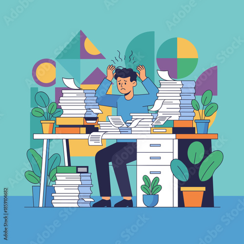 Stressed man overwhelmed by paperwork and excessive workload in the office Burnout concept