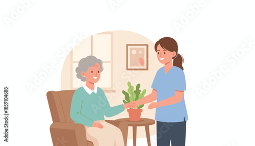 Professional caregiver greets elderly woman at home symbolizing trust and compassionate senior support