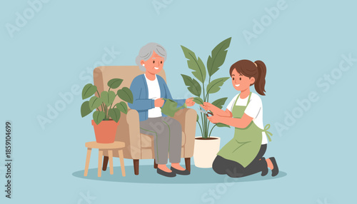 Caregiver and senior woman happily prune houseplants Home gardening assisted living wellness concept