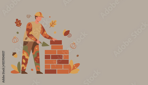 Construction worker building a brick wall in autumn Concept of renovation housing labor and fall projects