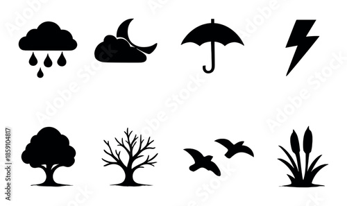Weather and nature icons set: rain, moon, umbrella, lightning, trees, birds, reeds