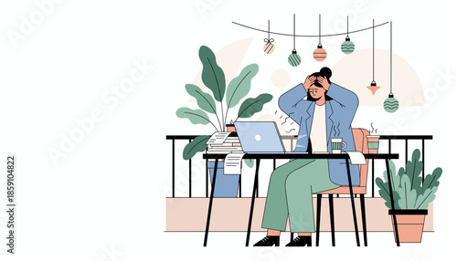 Overwhelmed woman with headache working on laptop outdoors remote work stress concept