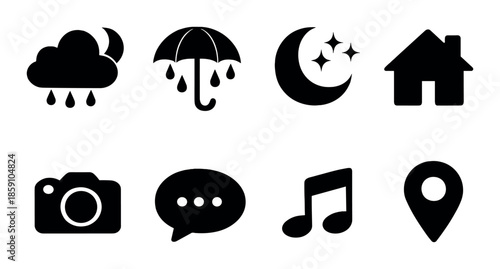 Blurry black icons: weather, home, camera, music, location symbols