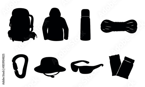 Silhouette of camping gear essentials including backpack, jacket, thermos, rope, carabiner, hat, sunglasses, gloves